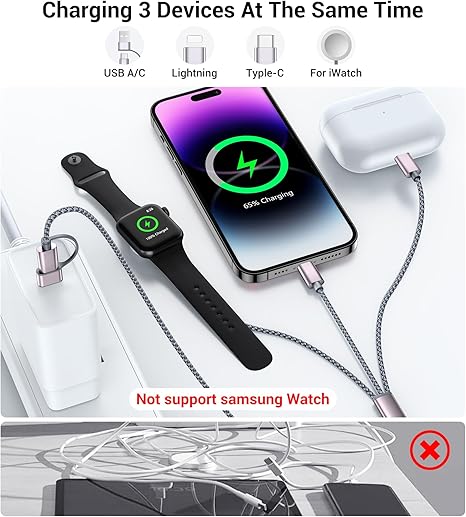 Temdan for Travel Essentials,3 in 2 USB C Cable for Apple Watch Charger/iPhone 16 Charger/Lightning,Multi Charging Cable Cord,Camping Essentials,Portable Designed for iWatch Series &iPhone 16-12-4FT - Image 3